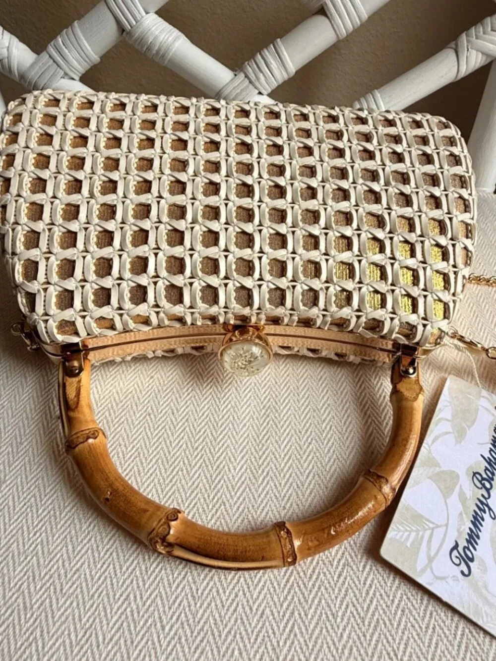Tommy Bahama Woven Bamboo Handle Clutch Crossbody Chain Bag White Gold NWT